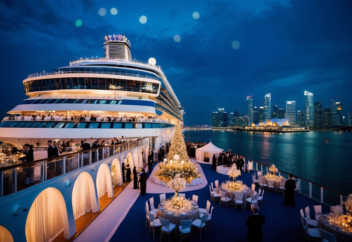 A luxurious gala evening on a Royal Caribbean cruise ship, with elegant decorations, sparkling lights, and a romantic atmosphere overlooking the Singapore skyline