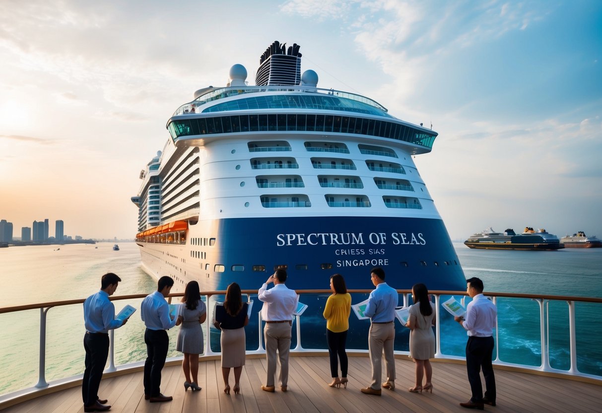 A group of people booking suites on the Spectrum of the Seas cruise ship in Singapore, taking advantage of a promotional discount