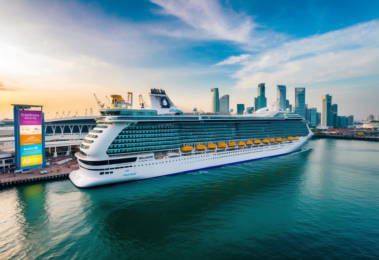 A bustling Singapore harbor with the Spectrum of the Seas cruise ship towering over the water, surrounded by colorful promotional banners