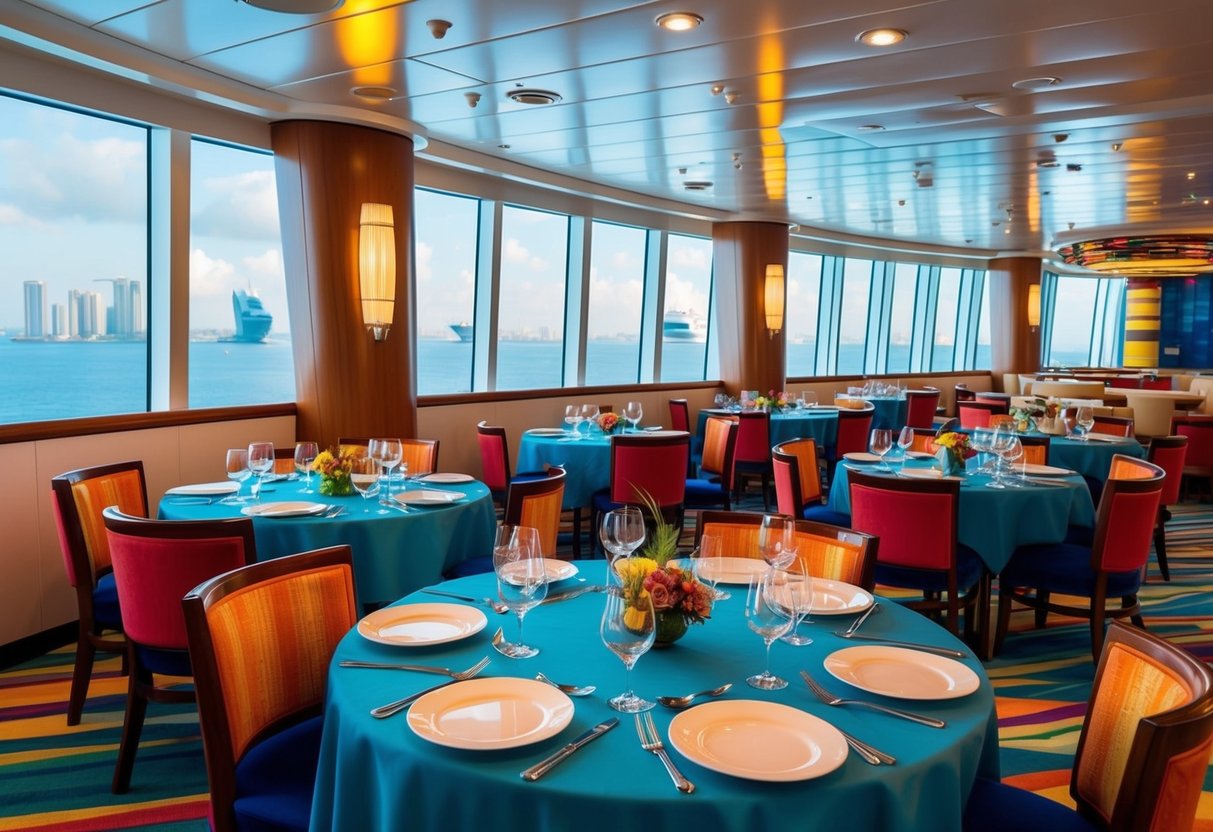 A colorful dining area on the Spectrum of the Seas cruise ship, with tables set for a special early bird promotion. The Singapore skyline is visible through large windows