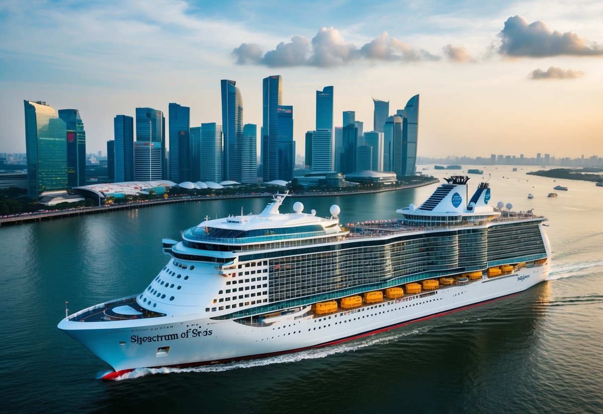 The Spectrum of the Seas cruise ship sailing through the iconic Singapore skyline, with colorful promotions and activities visible on board