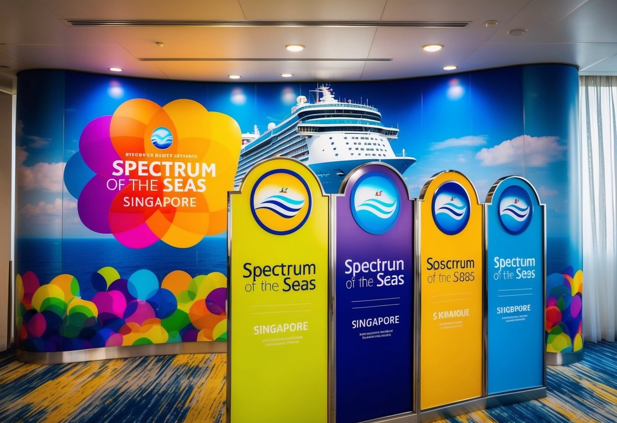 A colorful and vibrant display of promotions for the Spectrum of the Seas cruise ship in Singapore