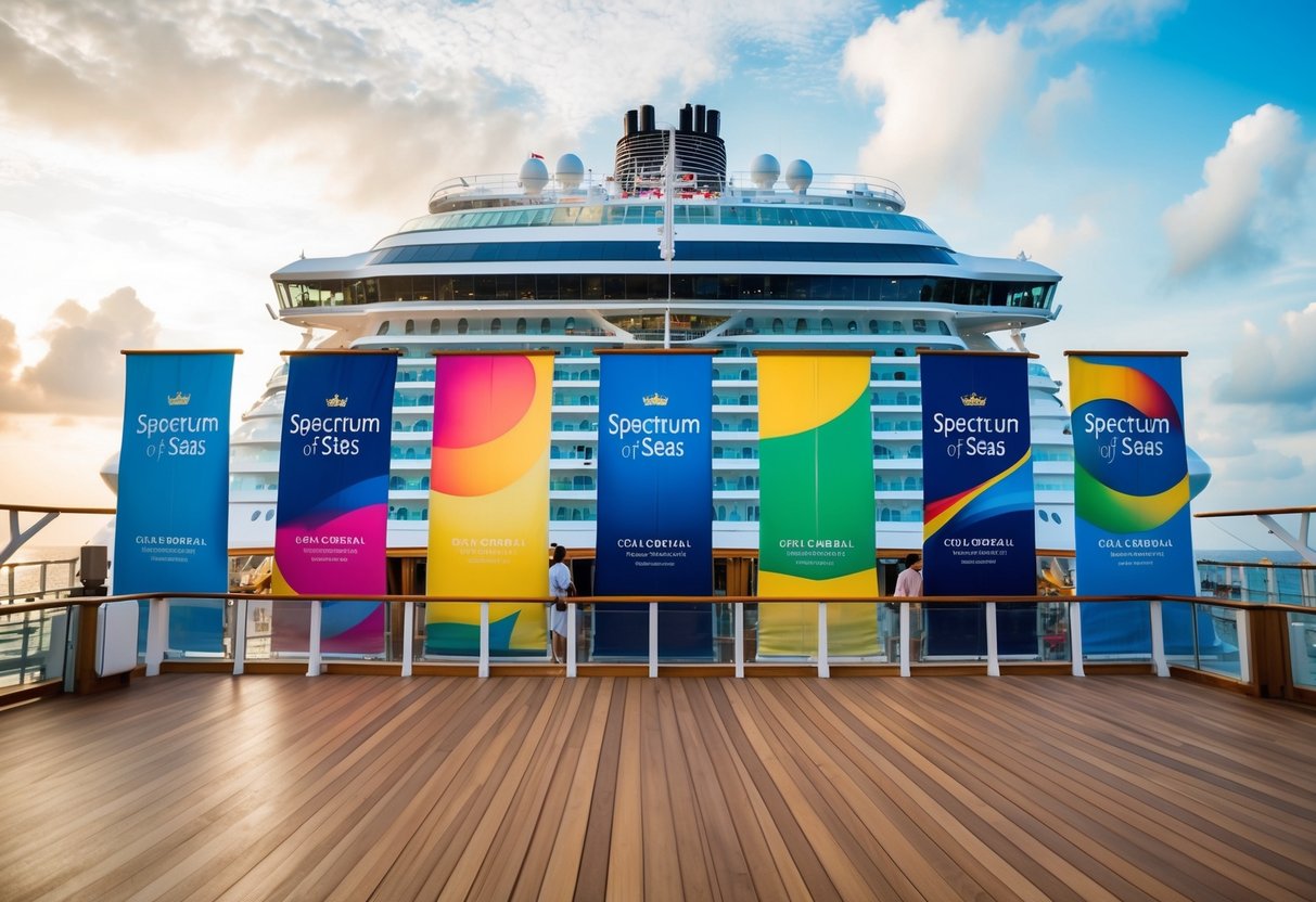 A bustling cruise ship deck in Singapore, with colorful promotional banners for the "Spectrum of the Seas" by Royal Caribbean
