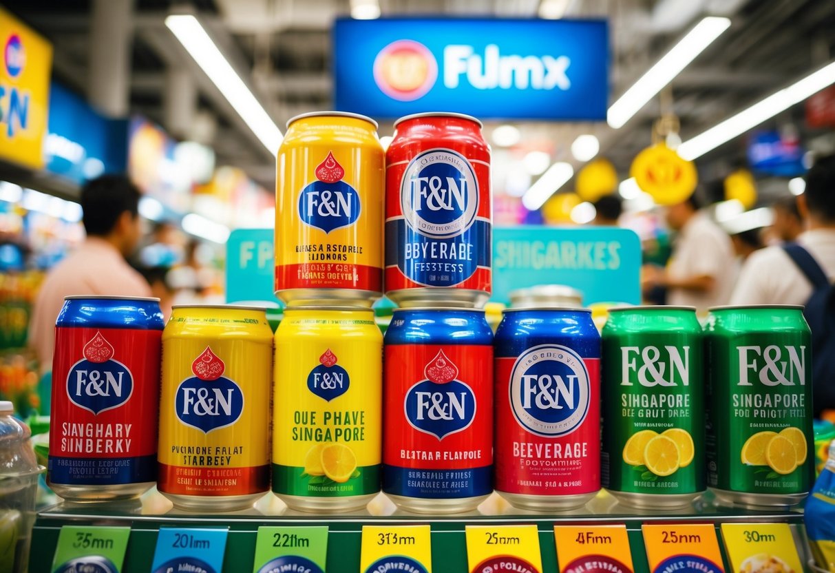 A vibrant display of F&N beverage promotions in a bustling Singapore market