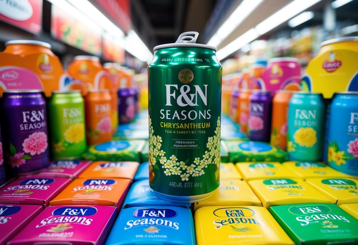 A refreshing can of F&N Seasons Chrysanthemum Tea surrounded by vibrant promotional displays in a bustling Singapore market