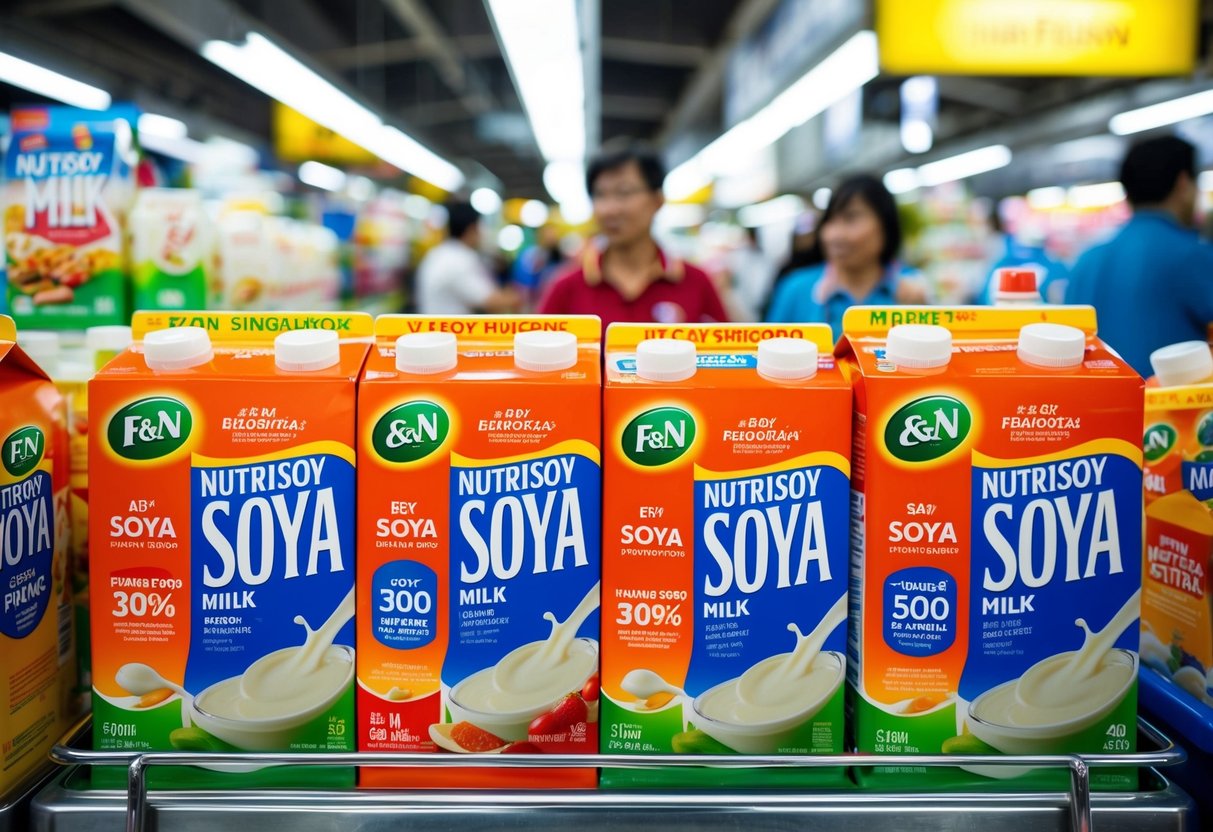 A vibrant display of F&N NutriSoy Soya Milk promotions in a bustling Singapore market