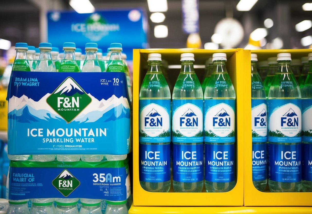 A vibrant display of F&N Ice Mountain Sparkling Water promotions in a Singaporean market