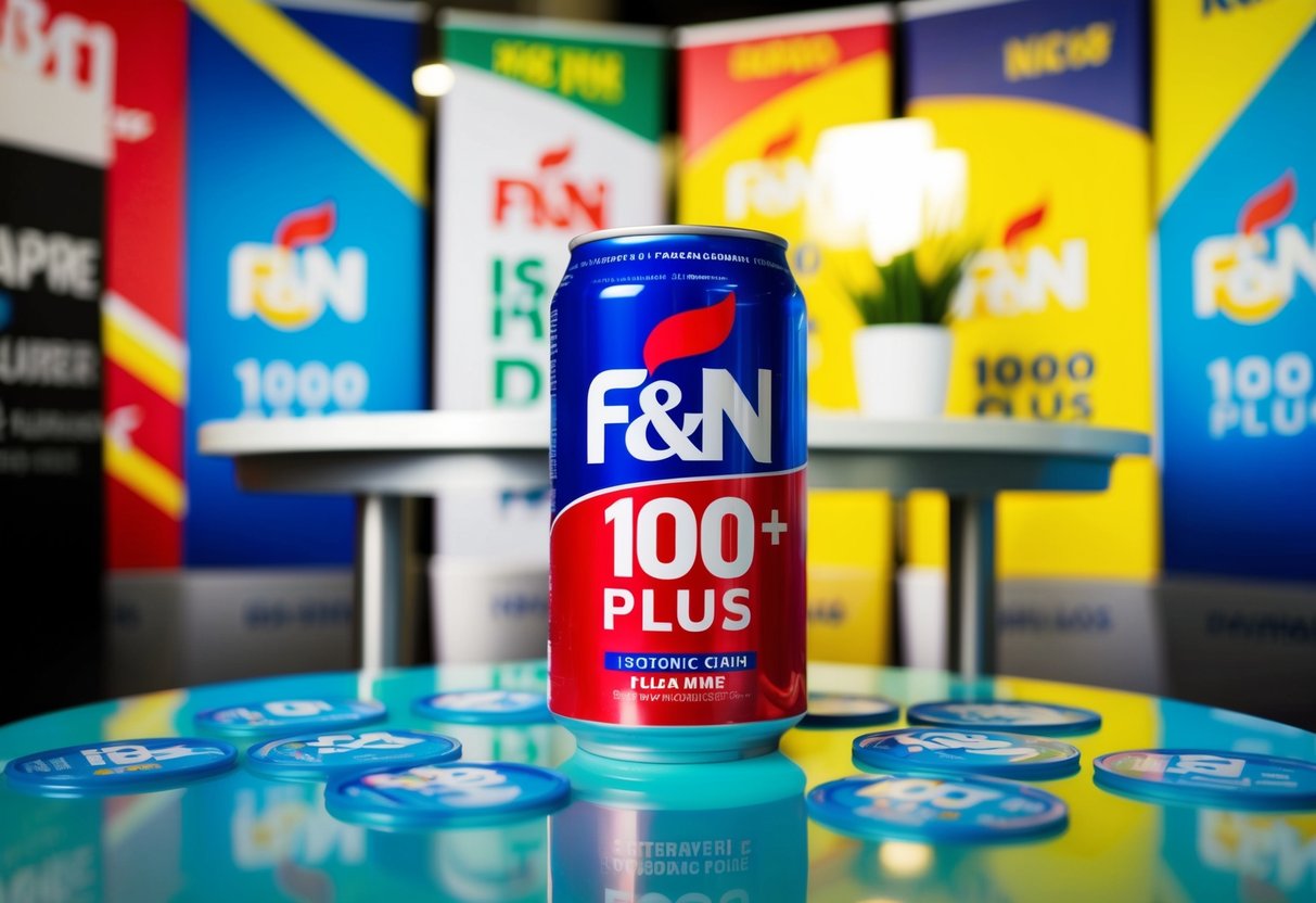 A refreshing can of F&N 100 Plus Isotonic Drink surrounded by promotional banners in a vibrant Singapore setting