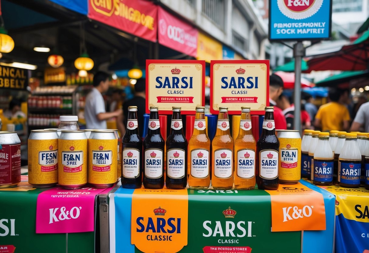 A vibrant Singapore street market with F&N Sarsi Classic beverages prominently displayed, surrounded by promotional signs and colorful banners