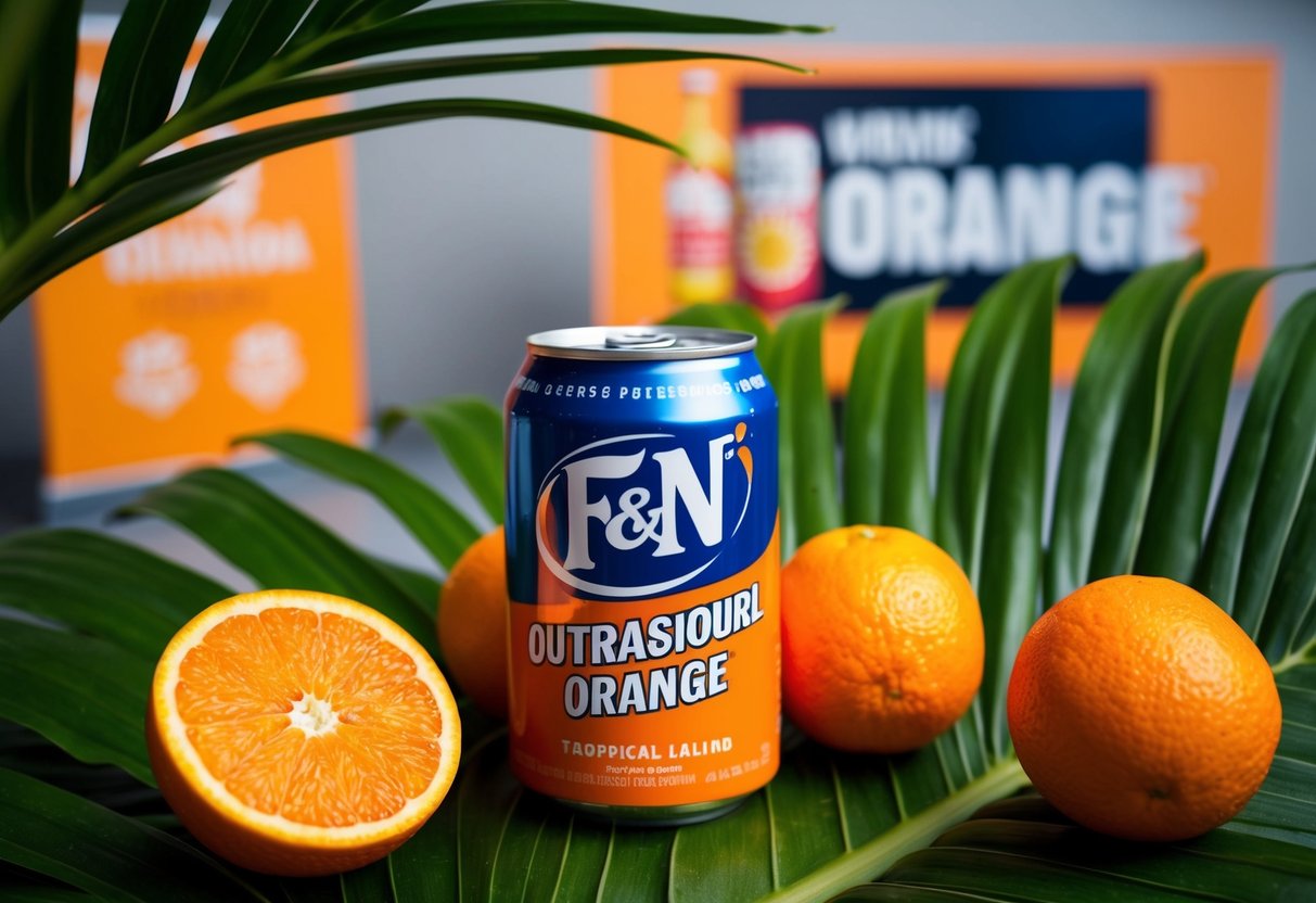 A vibrant can of F&N Outrageous Orange sits among tropical fruits and palm leaves, with a bold promotional banner in the background