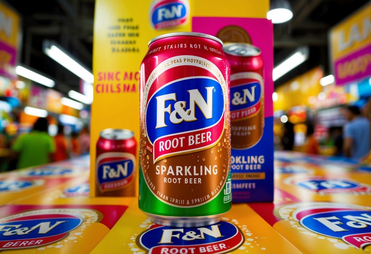 A refreshing can of F&N Sparkling Root Beer surrounded by vibrant promotional materials in a bustling Singapore market