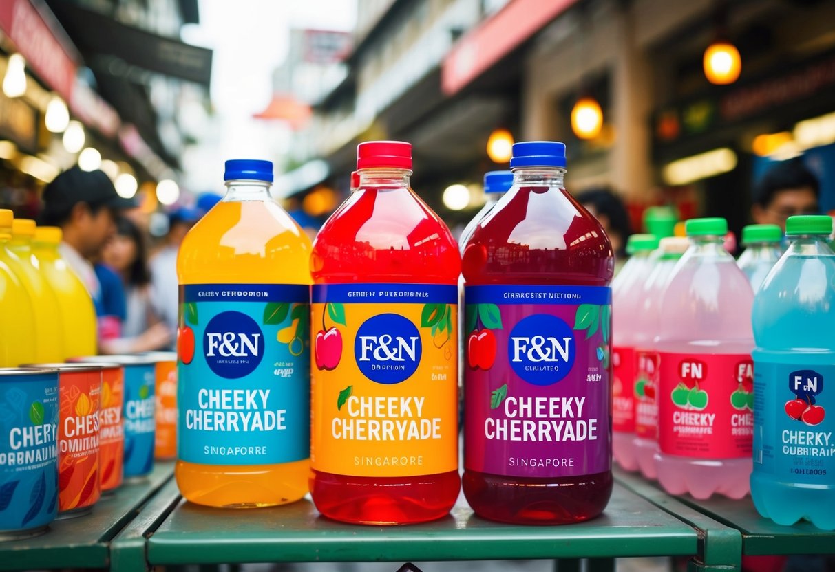 A vibrant street market with colorful F&N Cheeky Cherryade promotions in Singapore