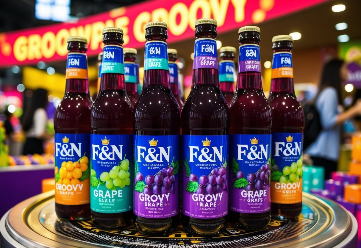 A vibrant display of F&N Groovy Grape beverages at a Singapore promotion, with colorful branding and enticing product arrangements
