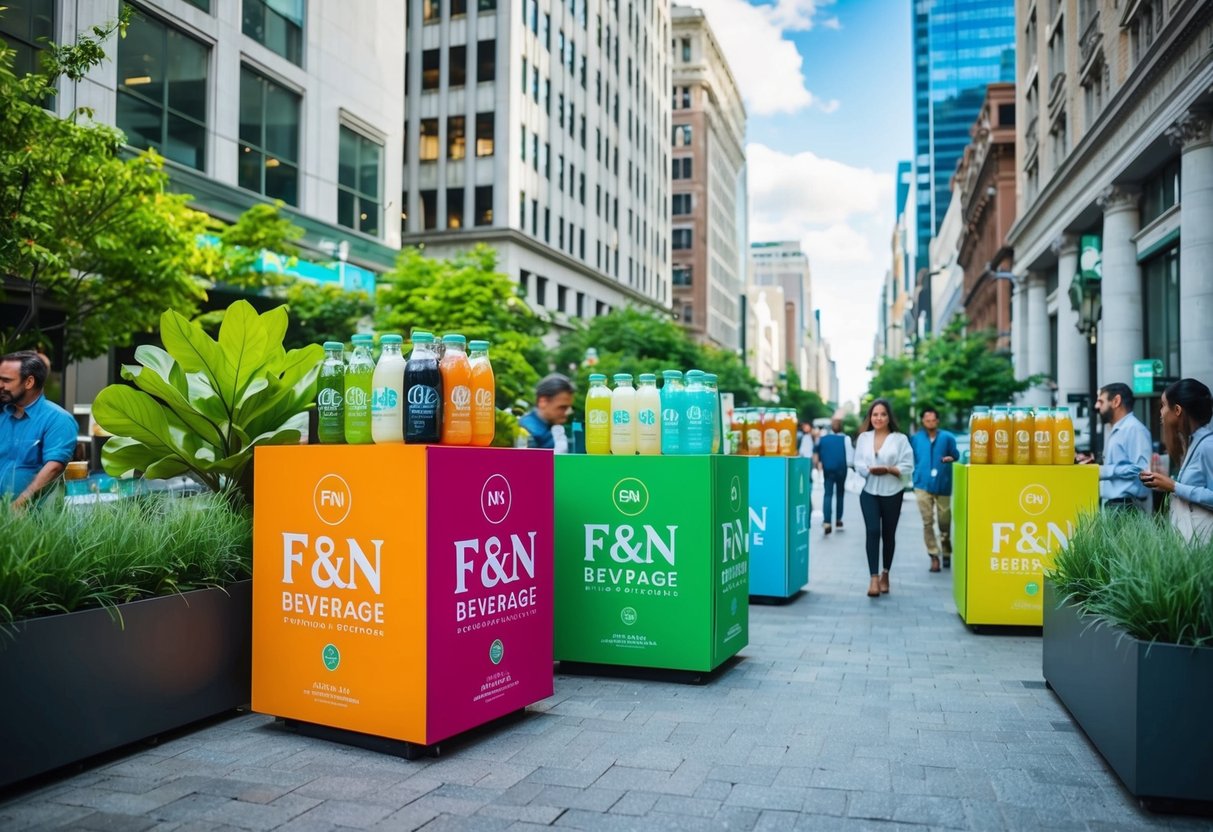 A bustling city street with colorful F&N beverage promotions displayed on eco-friendly materials, surrounded by lush greenery and people engaging in sustainable practices