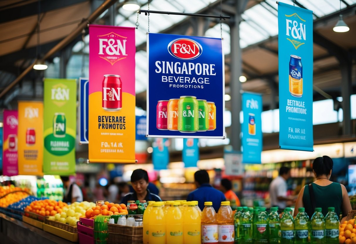 A bustling Singaporean marketplace with colorful F&N beverage promotions displayed on banners and signs