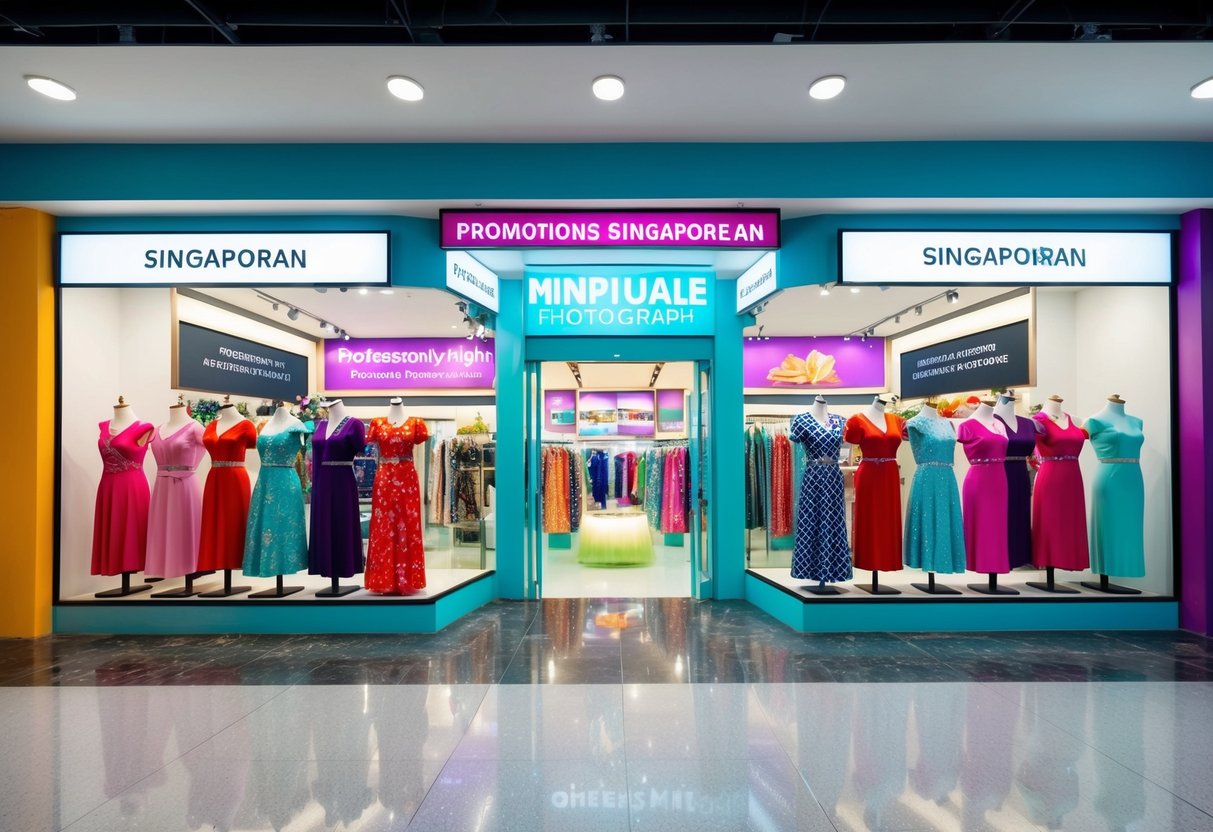 A vibrant digital storefront with multiple dress options, promotional banners, and a Singaporean theme