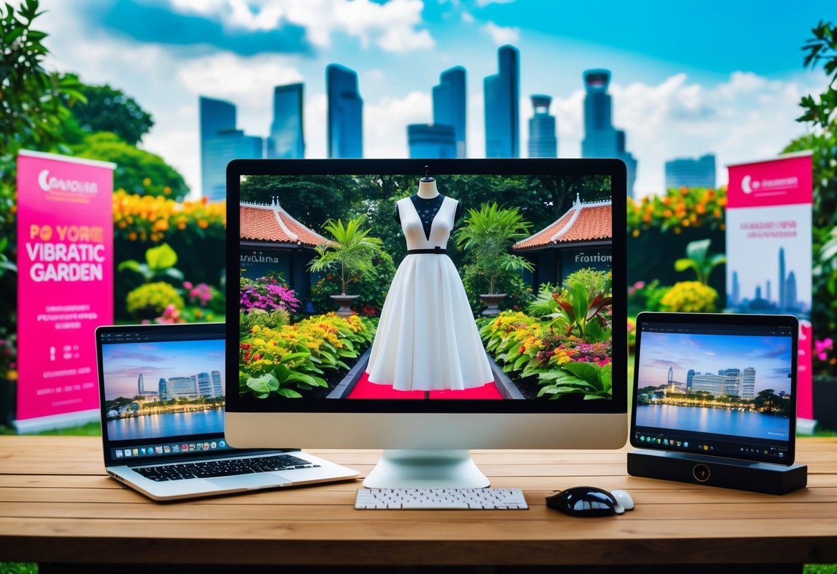 A vibrant garden with a dress displayed on a computer screen, surrounded by promotional banners and Singaporean landmarks