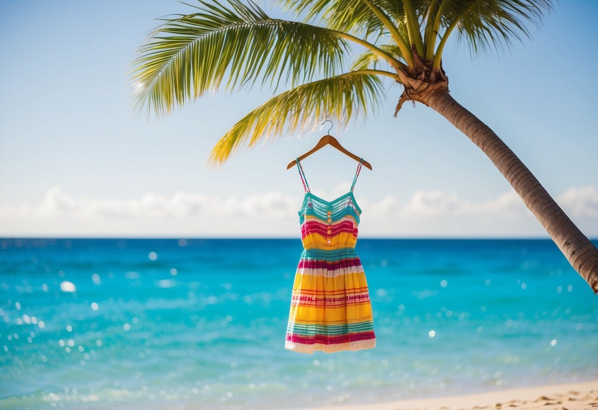 A sunny beach with a colorful sundress hanging from a palm tree, surrounded by sparkling blue water and a clear sky
