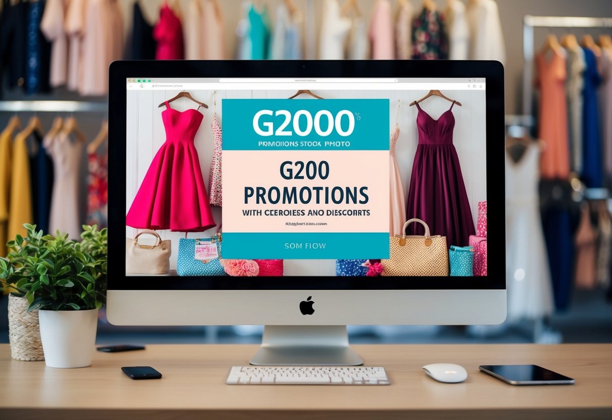 A computer screen displaying G2000 promotions with various dresses and discounts