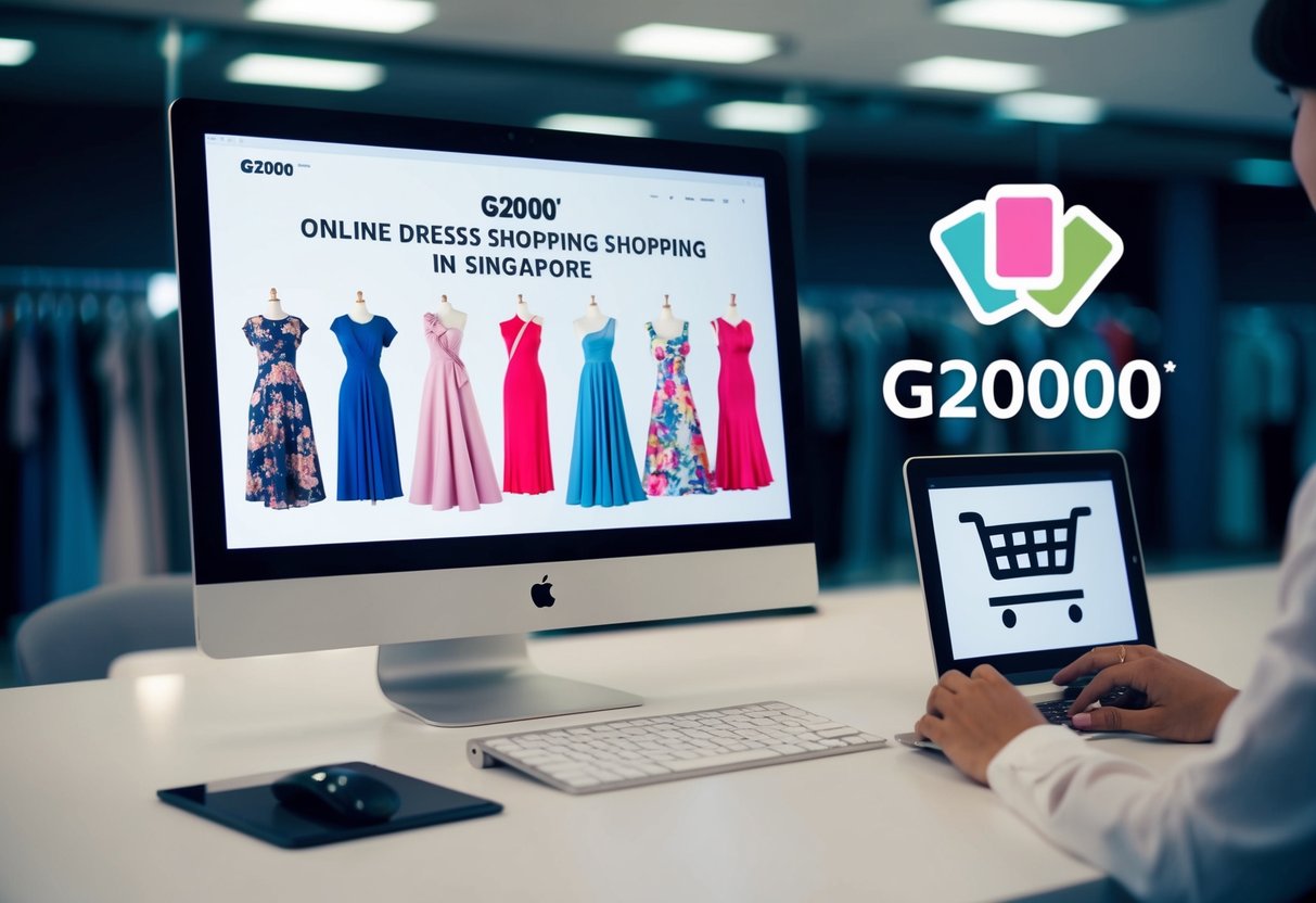 A computer screen displaying a variety of stylish dresses, with a shopping cart icon and promotional banners for g2000's online dress shopping in Singapore