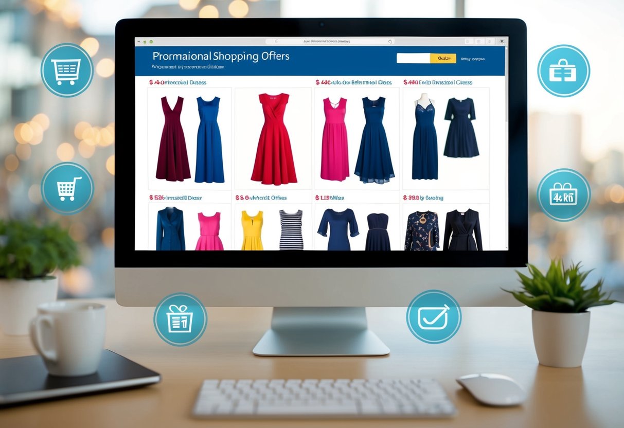 A computer screen displaying a variety of dresses with promotional offers, surrounded by icons for online shopping and savings