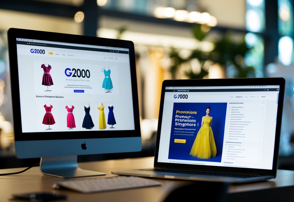 A computer screen displaying a webpage with the g2000 logo and images of various dresses, alongside a list of frequently asked questions about promotions in Singapore