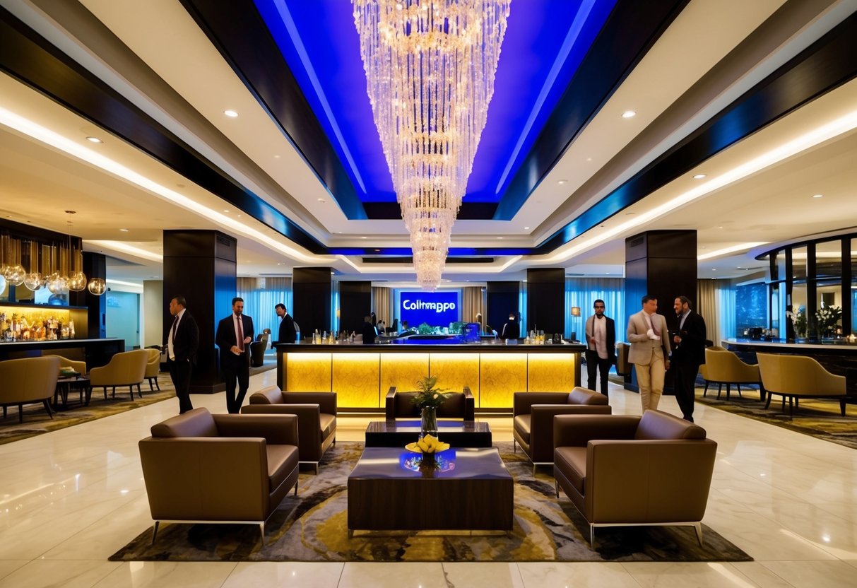 A vibrant lobby with sleek furniture, a glowing bar, and a concierge desk, surrounded by guests enjoying the luxurious atmosphere