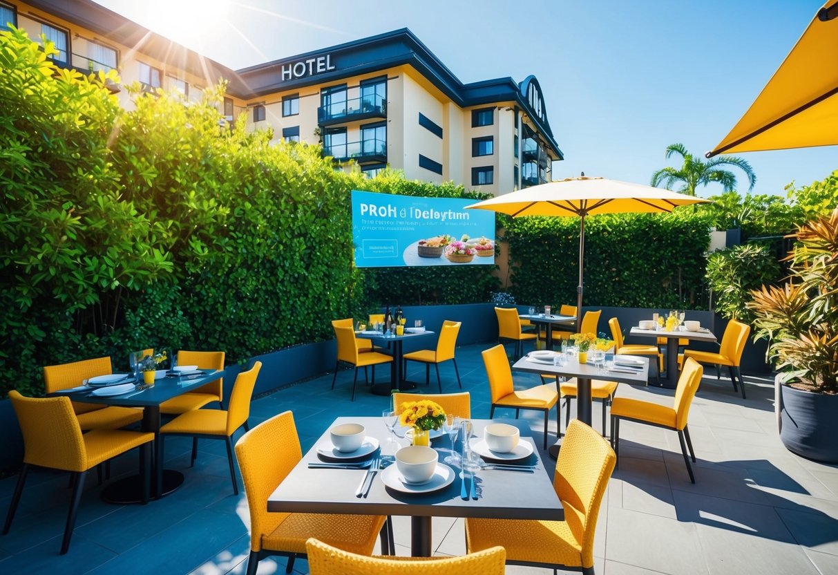 A sunny outdoor patio with tables set for brunch, surrounded by lush greenery and a hotel in the background with a promotional banner