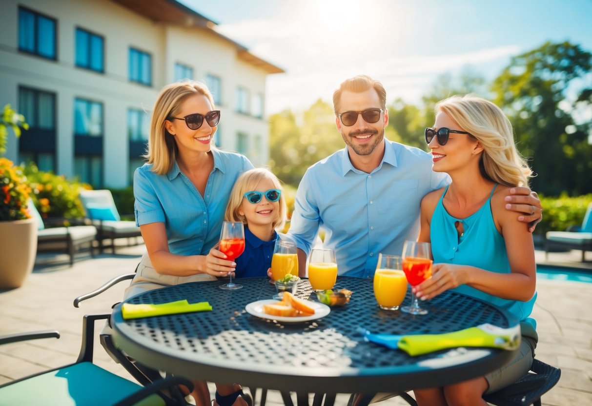 A family of four enjoys hotel amenities and outdoor activities on a sunny day
