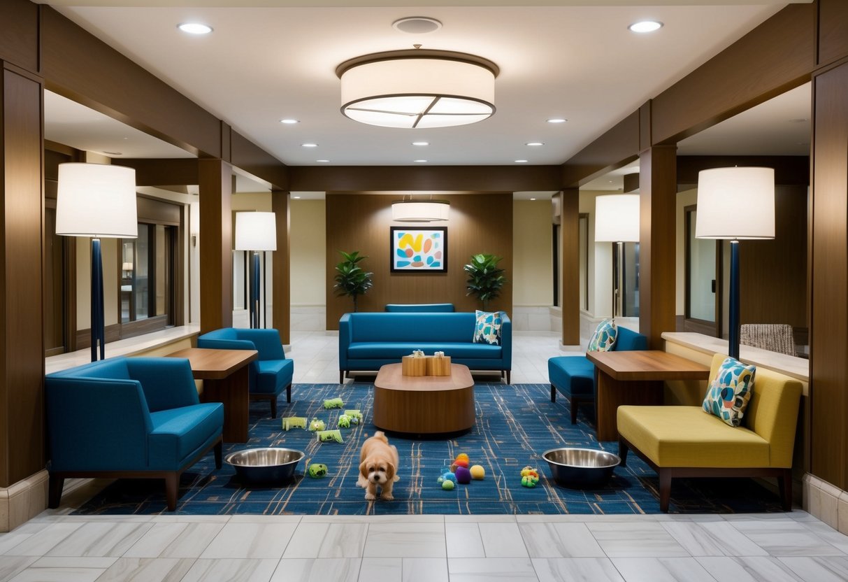 A hotel lobby with a welcoming pet area featuring water bowls, toys, and a comfortable seating area for pet owners