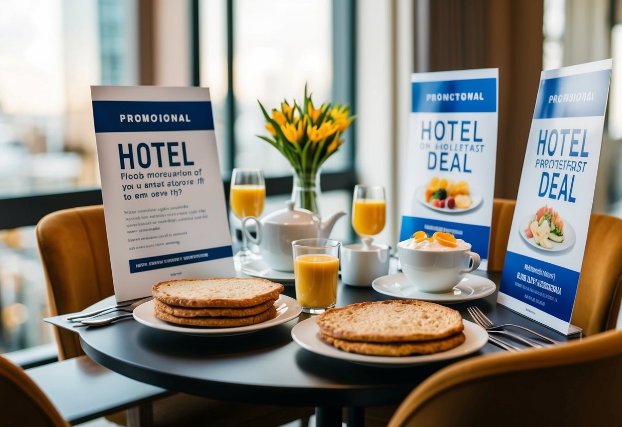 A table set with breakfast items, surrounded by promotional materials for a hotel deal