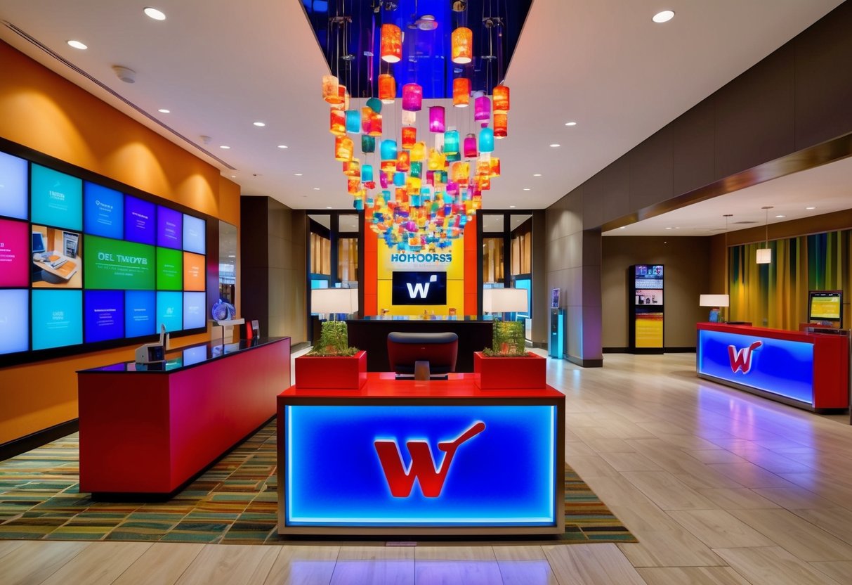 A vibrant lobby with colorful promotional displays and a concierge desk at W Hotel