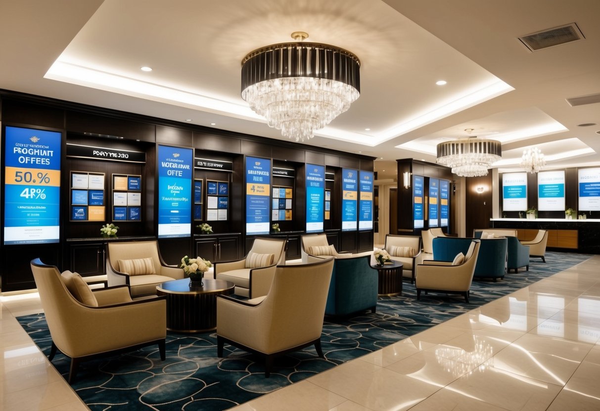 A luxurious hotel lobby with a prominent display of promotional offers and packages. Elegant furniture and modern decor create a welcoming atmosphere