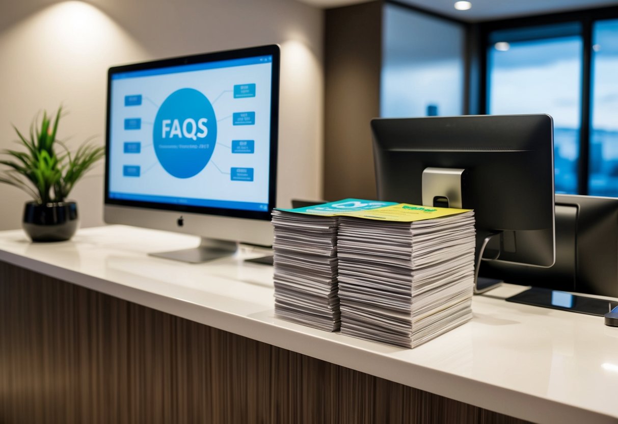 A hotel reception desk with a stack of promotional flyers and a computer screen displaying FAQs