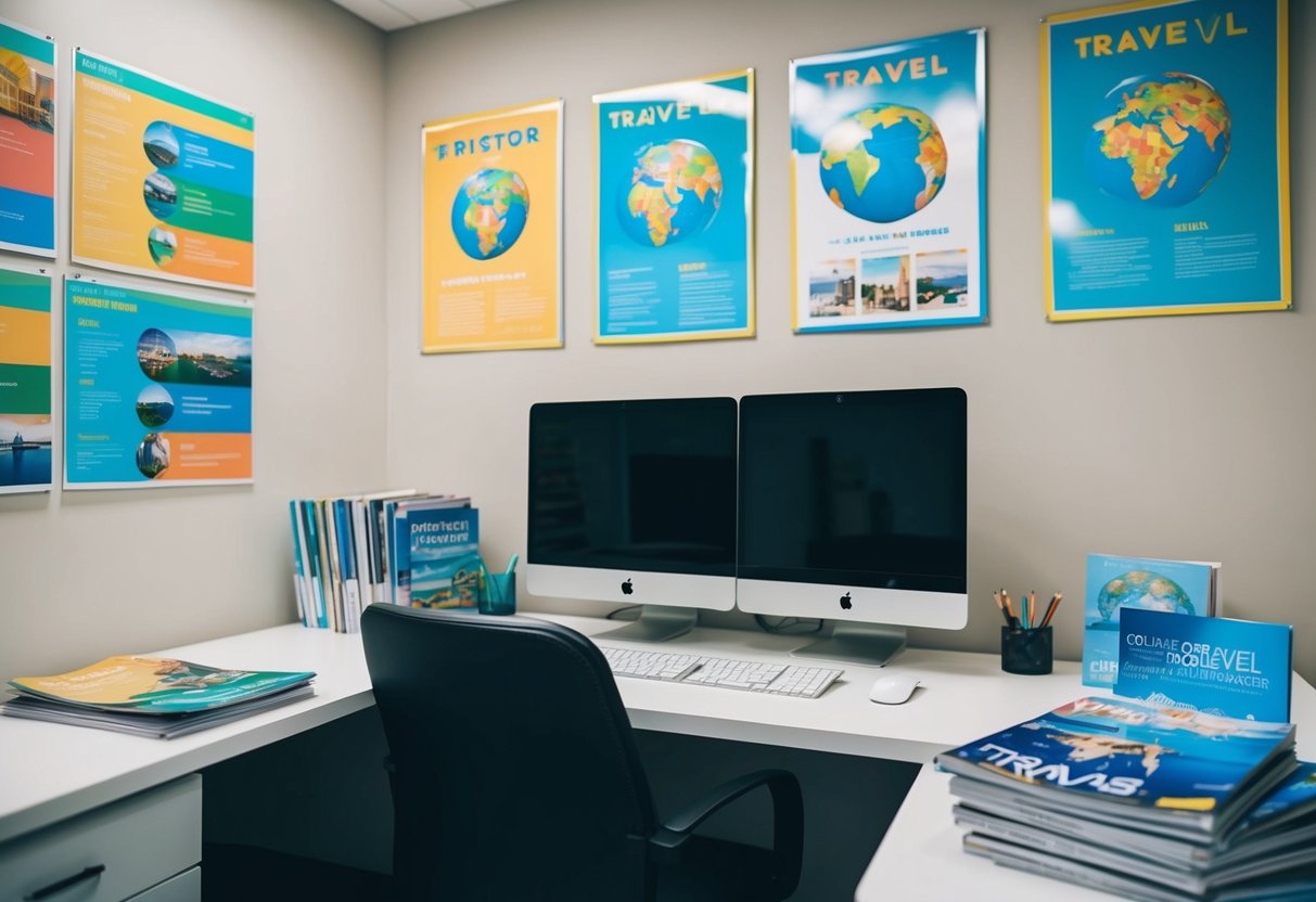 A vibrant travel agency office with colorful posters, globe, and brochures displayed on the walls. A desk with a computer and a stack of travel magazines