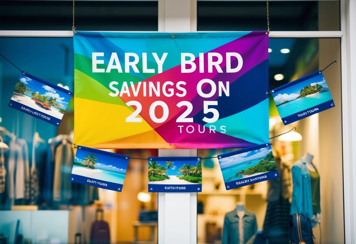 A colorful banner hanging over a travel agency storefront, with the words "Early bird savings on 2025 tours" surrounded by images of exotic destinations