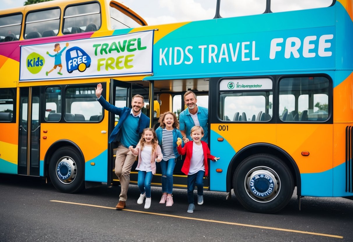 A joyful family of four boarding a colorful, double-decker tour bus with a "Kids Travel Free" banner on the side