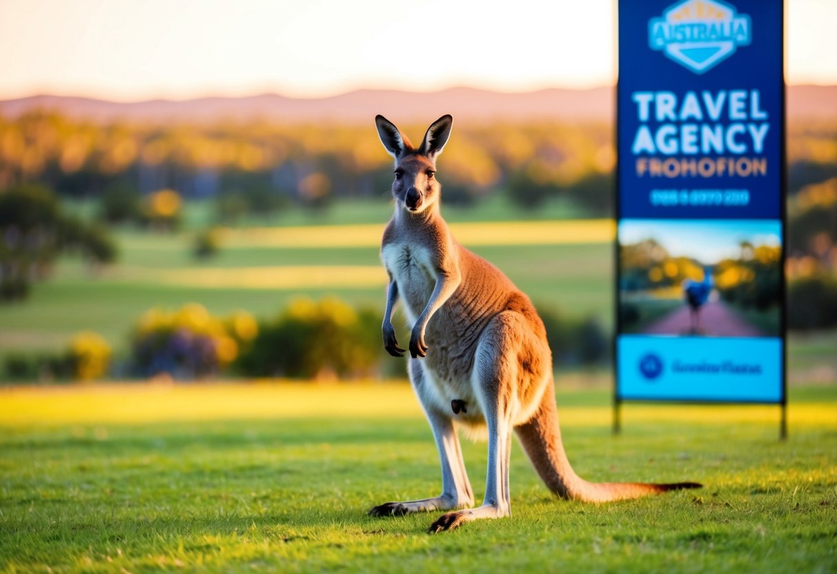 A kangaroo hopping through a vibrant Australian landscape with a travel agency promotion banner in the background