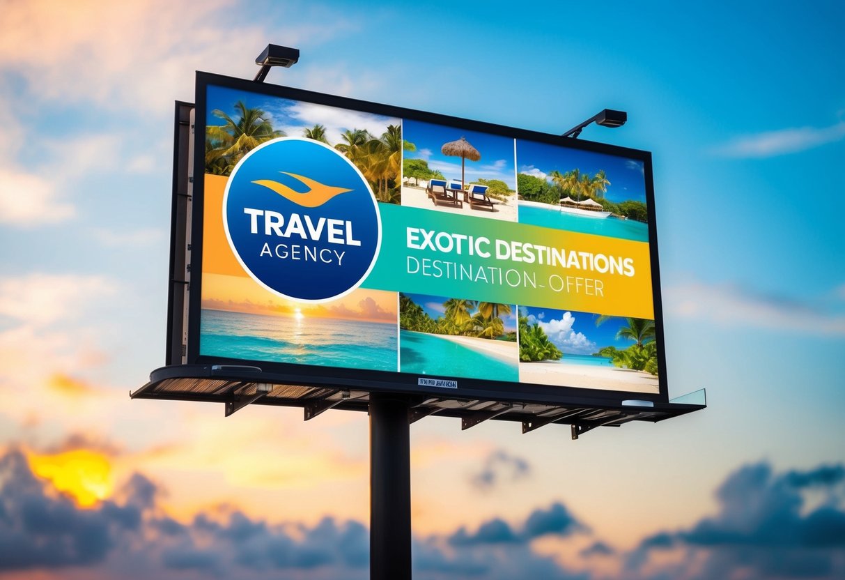 A travel agency logo displayed on a billboard with images of exotic destinations and a promotional offer. Bright colors and enticing imagery draw attention