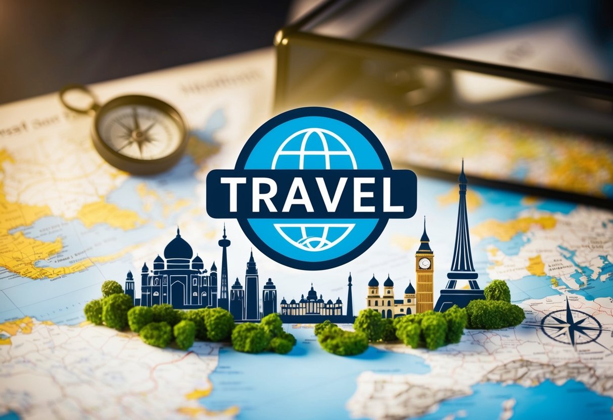 A travel agency logo surrounded by iconic landmarks, with a map and compass in the background