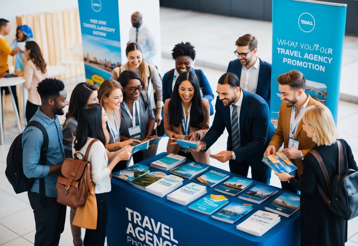 A group of diverse travelers eagerly gather around a travel agency promotion booth, engaging with staff and browsing through enticing vacation brochures