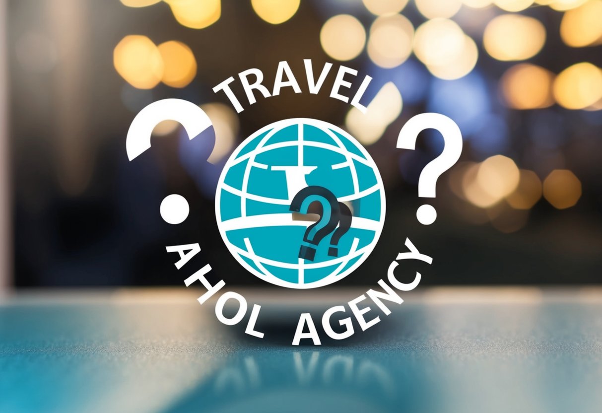 A travel agency logo surrounded by question marks and a globe