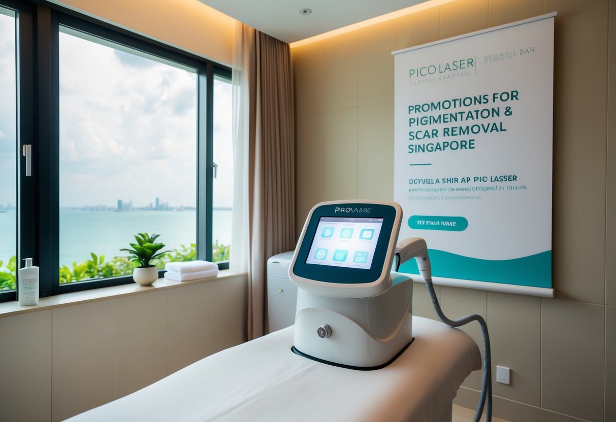 A serene spa room with a pico laser machine, soft lighting, and a tranquil atmosphere, showcasing promotions for pigmentation and scar removal in Singapore