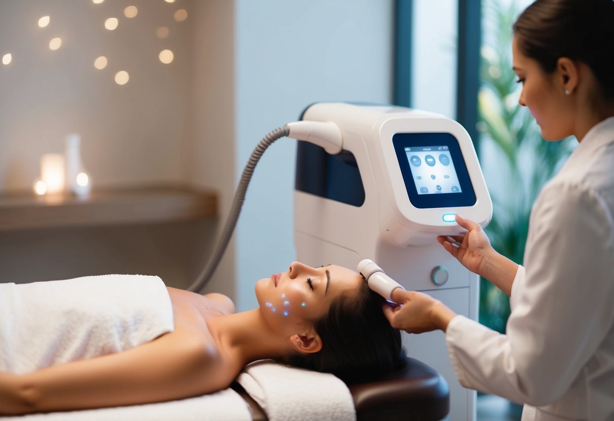 A serene spa room with a pico laser machine targeting pigmentation and scars on a client's skin