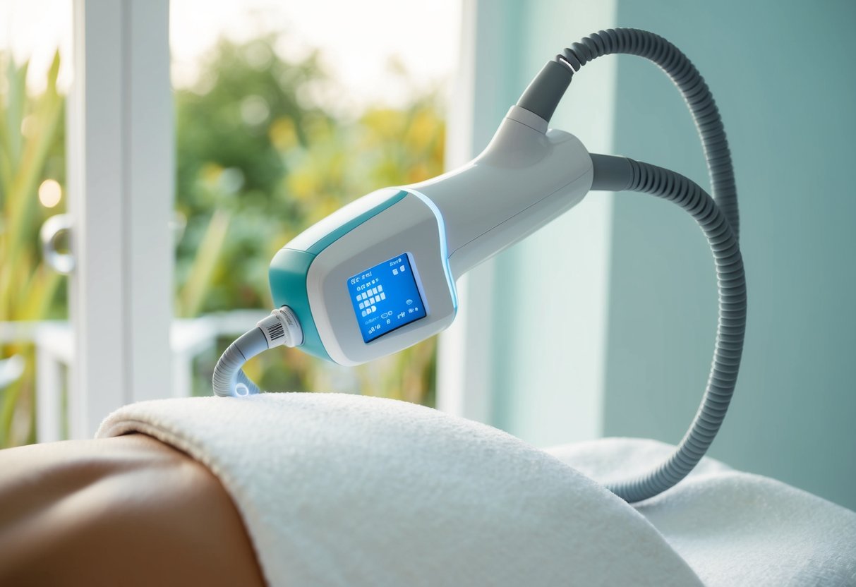 A serene spa setting with a laser device targeting pigmentation and scars on a clean, unblemished skin surface