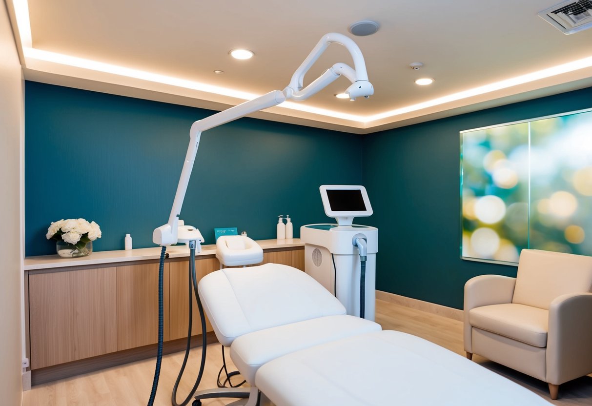 A serene spa room with a PICO laser machine, soft lighting, and a comfortable treatment chair