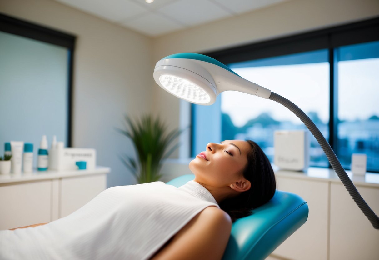 A bright and modern clinic setting with a focused beam of light targeting pigmentation and scars on a skin-like surface