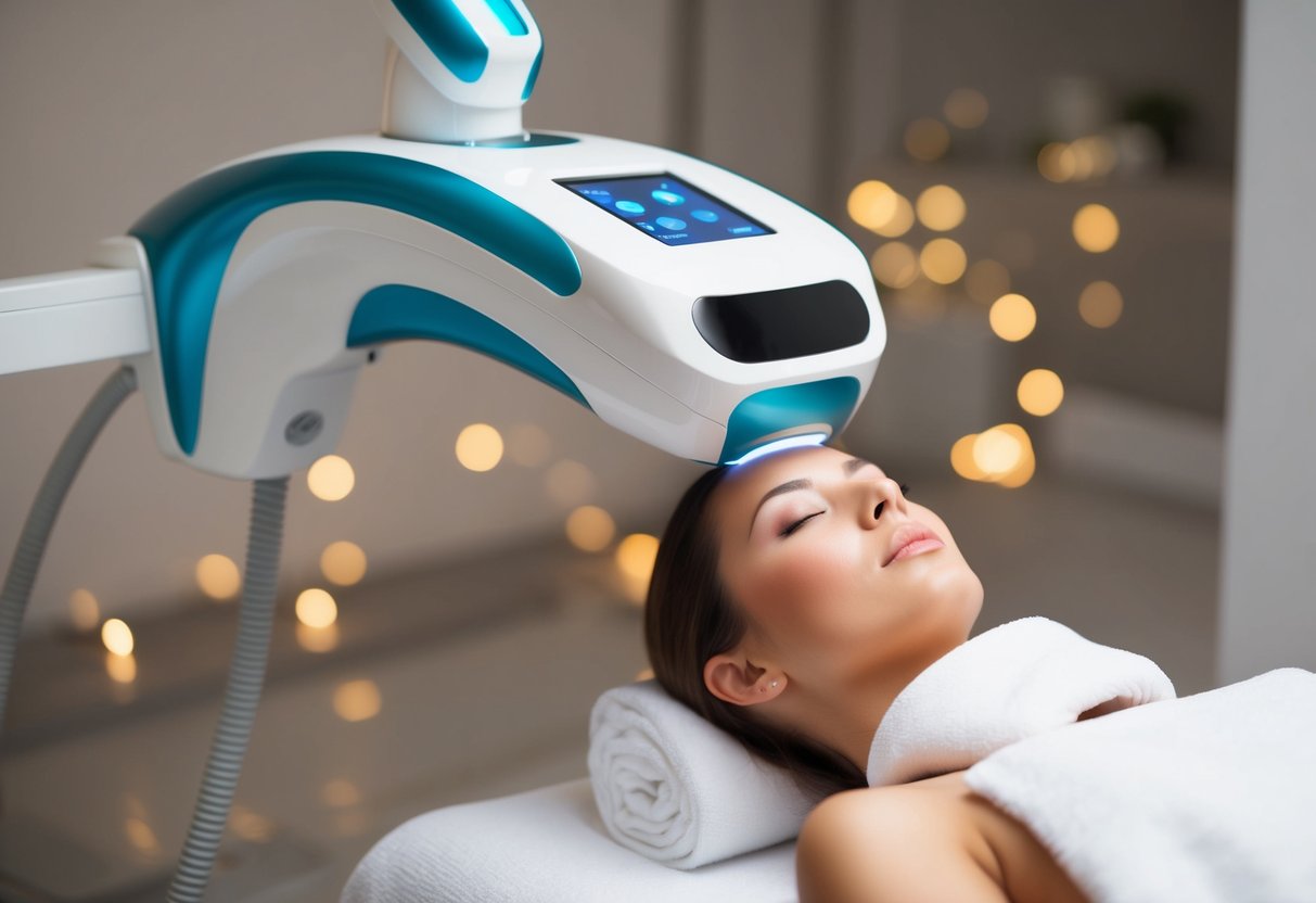 A serene spa setting with a futuristic laser machine targeting pigmentation and scars on skin