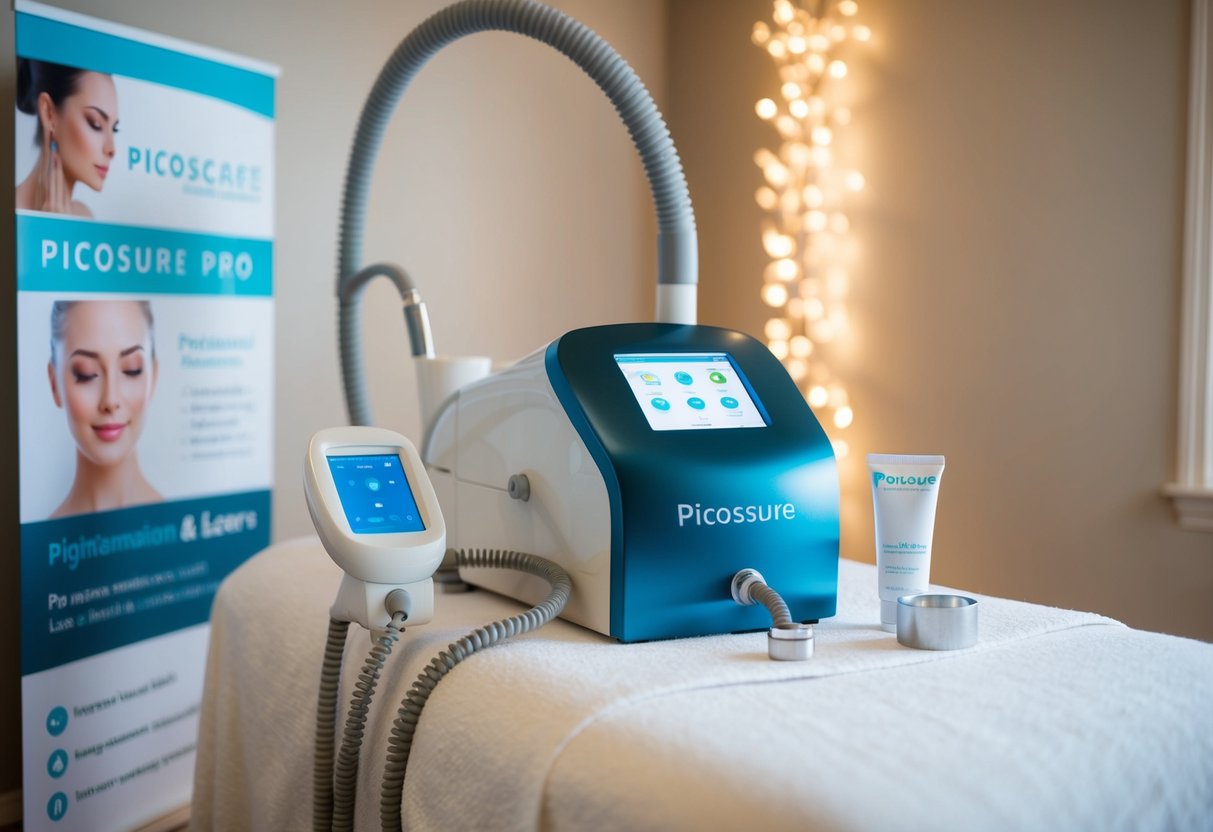 A serene spa room with a Picosure Pro laser machine targeting pigmentation and scars, surrounded by promotional materials