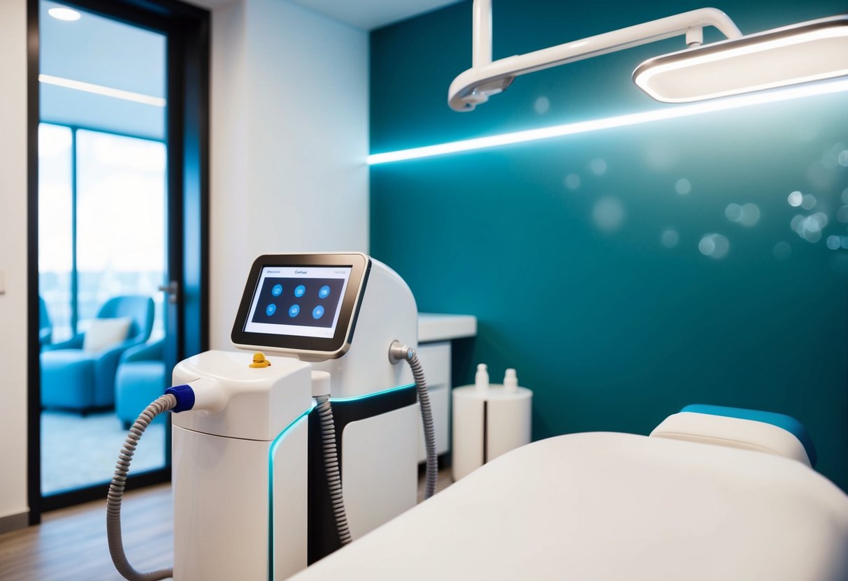 A futuristic clinic room with a pico laser machine targeting pigmentation and scars on a smooth, unblemished skin surface